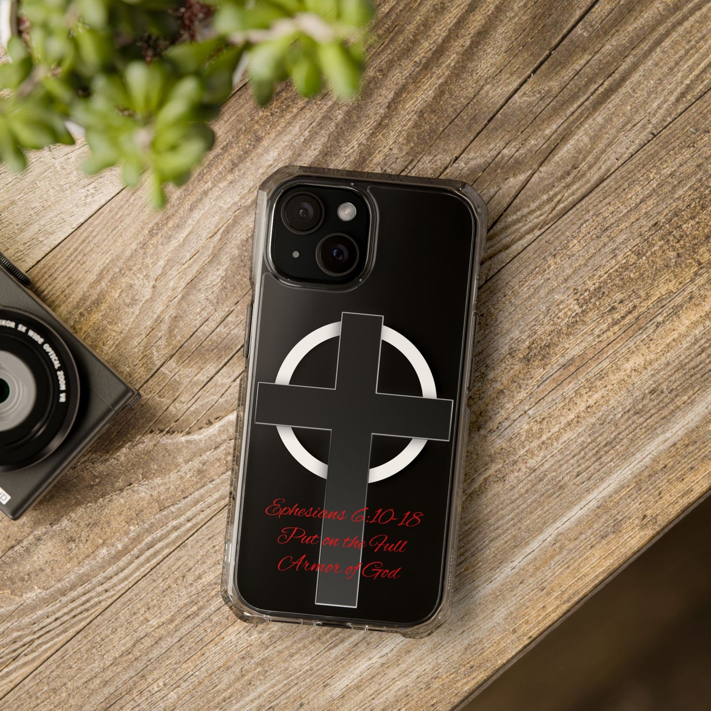 Clear Magnetic Phone Case — Cross Design with Ephesians 6:10-18 Scripture